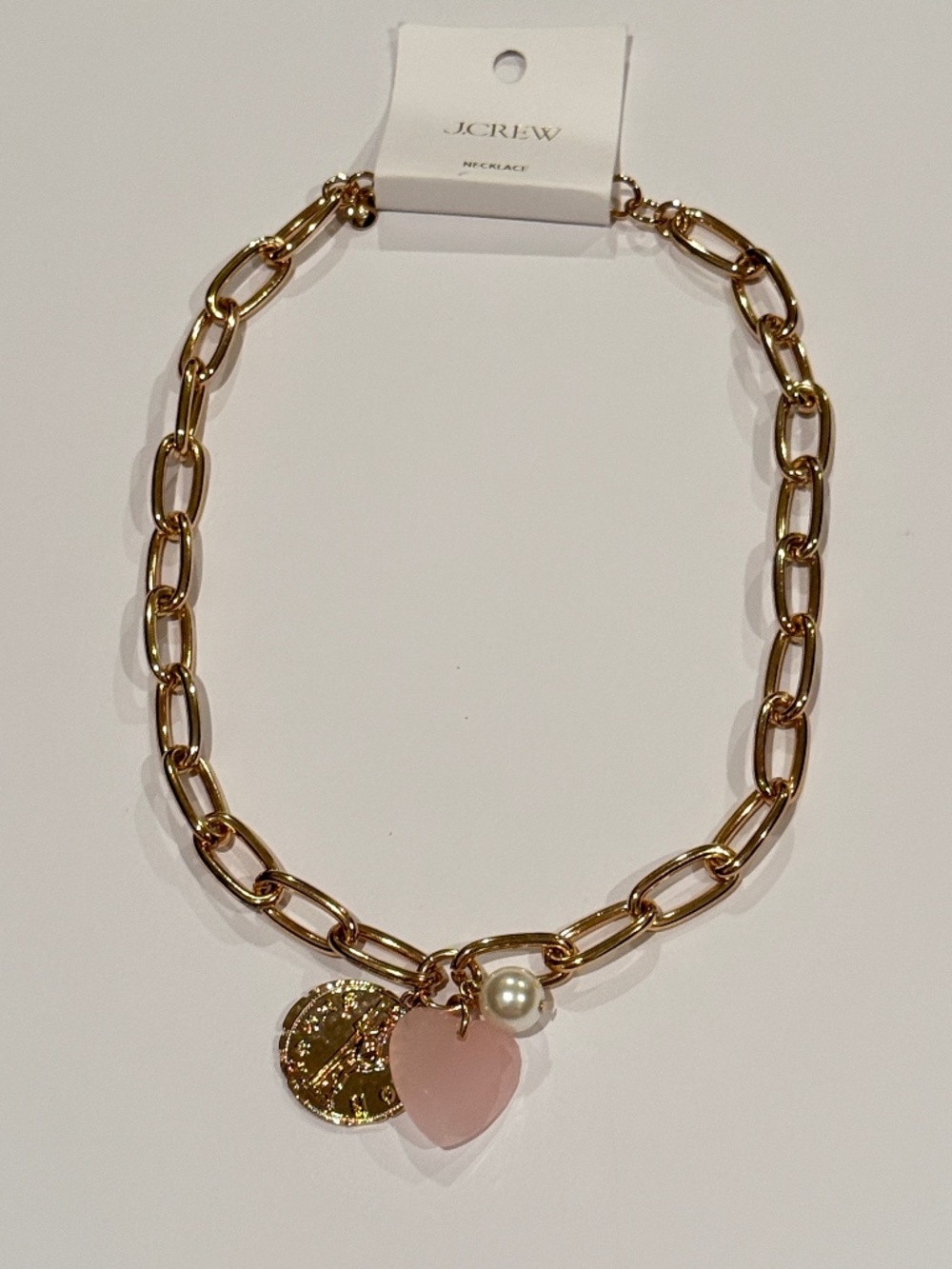 J Crew Gold Tone Link Necklace with Pink Heart, Gold Coin and Pearl Charms